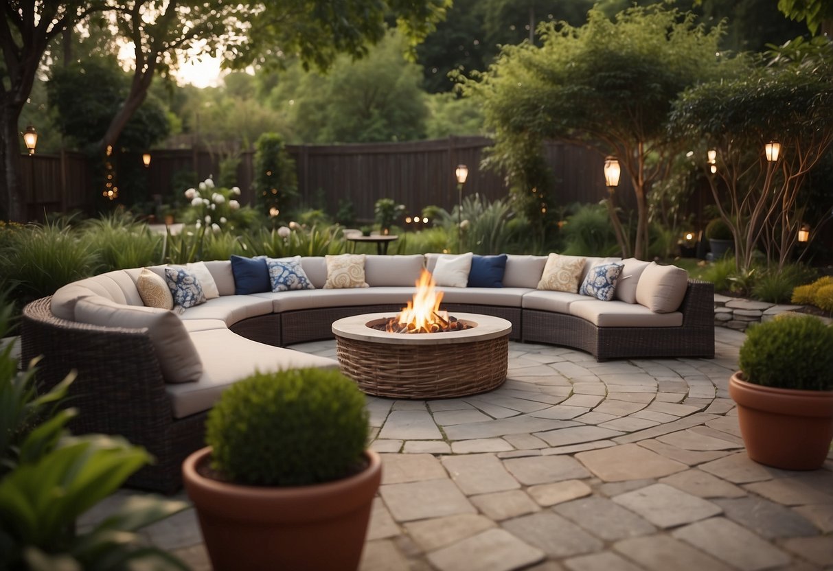 A wicker patio sectional surrounds a garden fire pit, with cozy seating areas and greenery