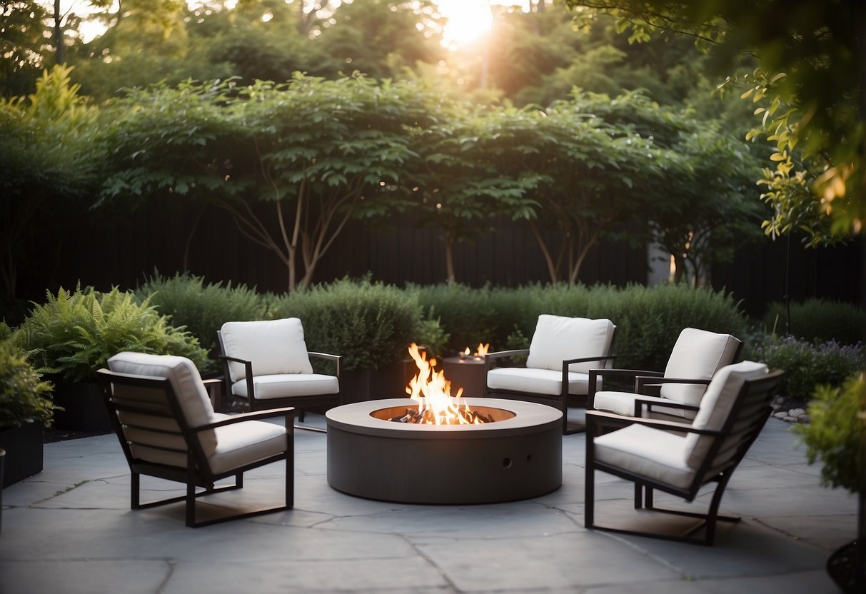 Modern metal chairs arranged around a fire pit in a garden setting, with lush greenery and cozy seating areas