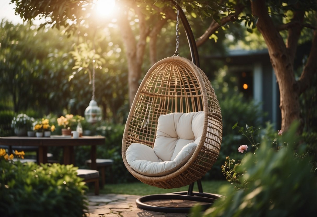 A hanging egg chair suspended above a fire pit in a lush garden with cozy seating areas