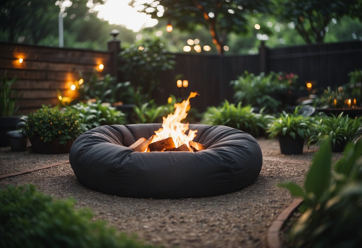 Bean bags placed around a fire pit in a garden, surrounded by lush greenery and soft lighting