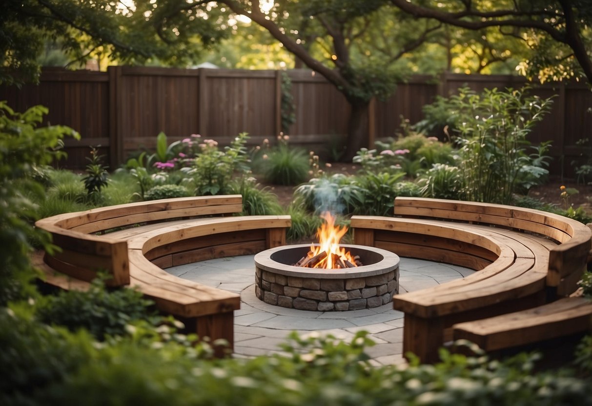 Reclaimed wood benches encircle a cozy fire pit in a lush garden setting, providing inviting seating areas for relaxation and socializing