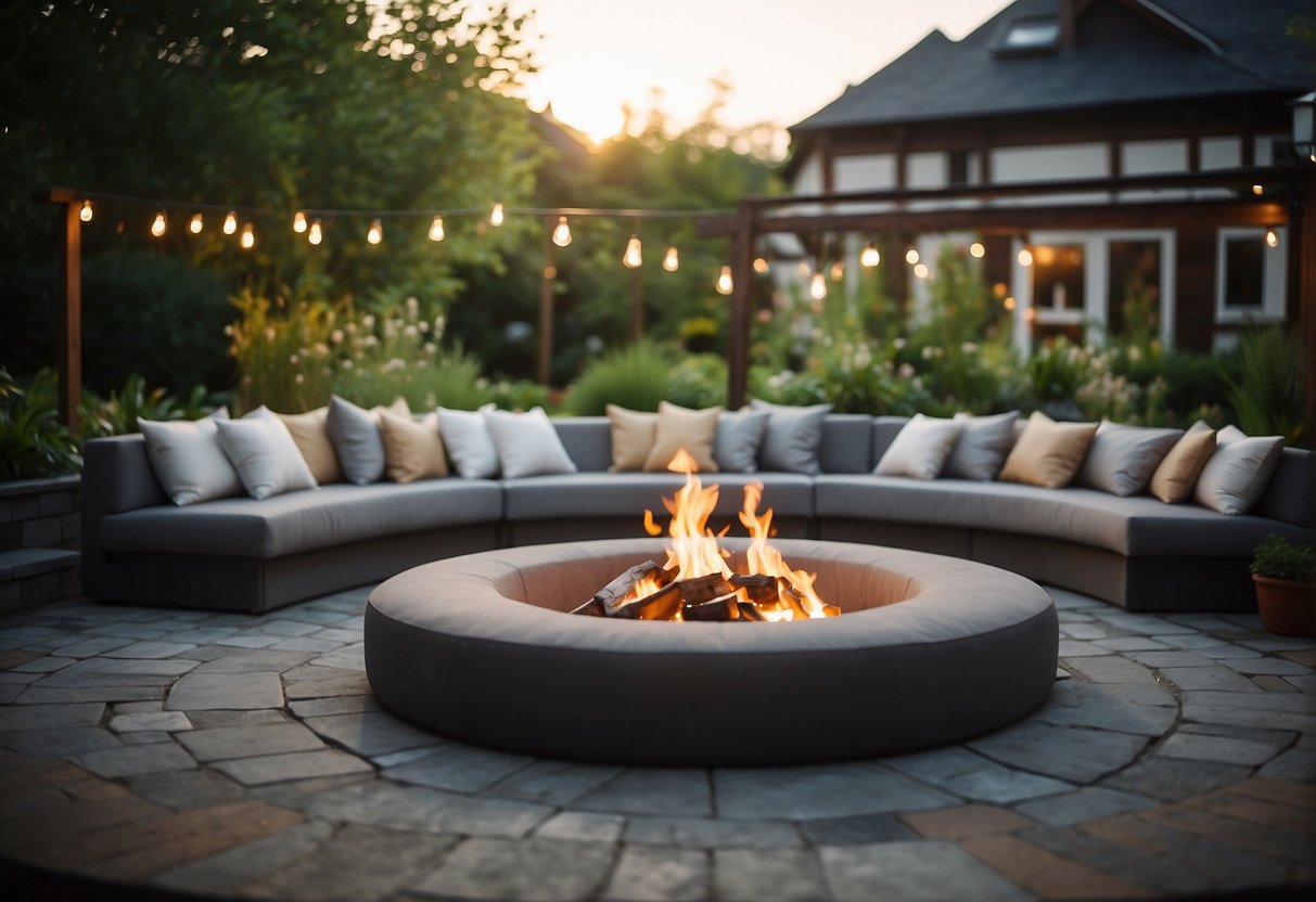 Oversized floor cushions arranged around a cozy garden fire pit, creating a welcoming and relaxed seating area