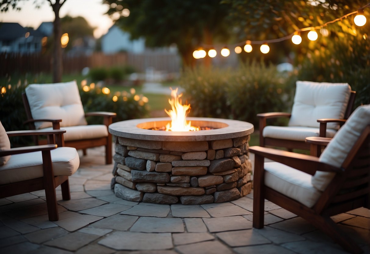 A cozy garden fire pit seating area with comfortable chairs, surrounded by a ring of stones, and soft lighting for a warm and inviting atmosphere