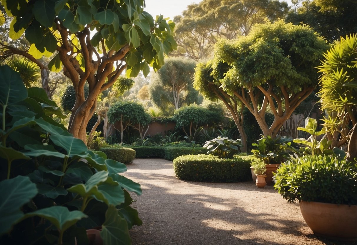 Lush fig trees nestled within vibrant mixed borders, creating a stunning fig tree garden