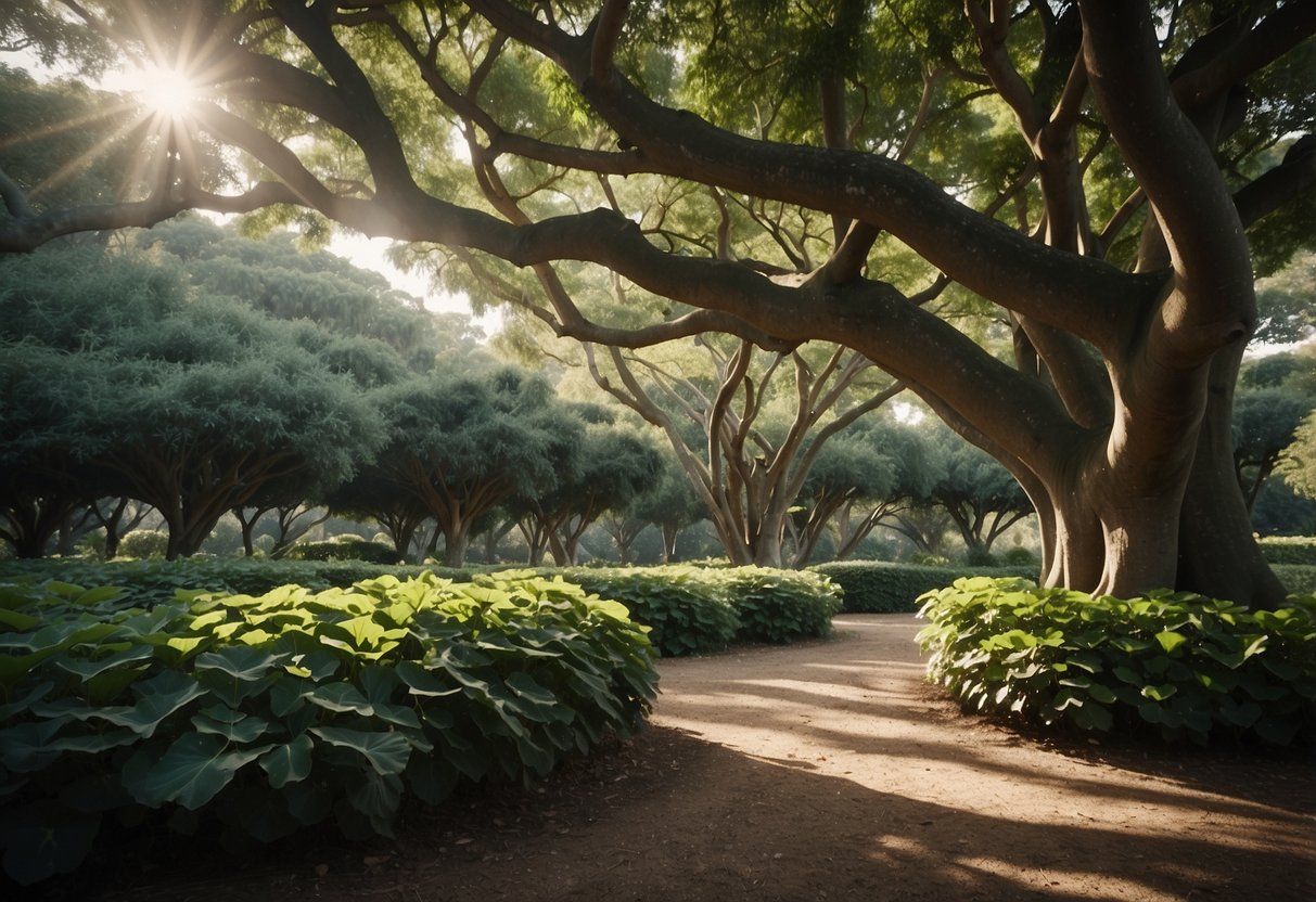 The fig trees stand tall, their broad leaves casting dappled shade on the ground below. The garden is filled with the lush greenery of these majestic trees, creating a serene and peaceful atmosphere