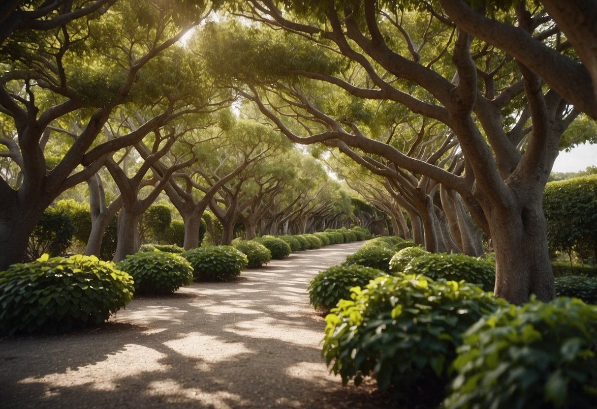 Fig trees line winding garden paths, creating a lush and inviting atmosphere