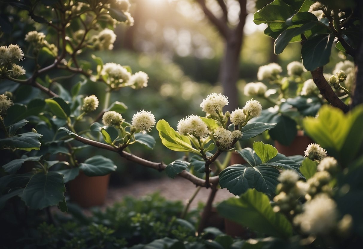 A lush garden with fig trees intertwined with blooming flowers