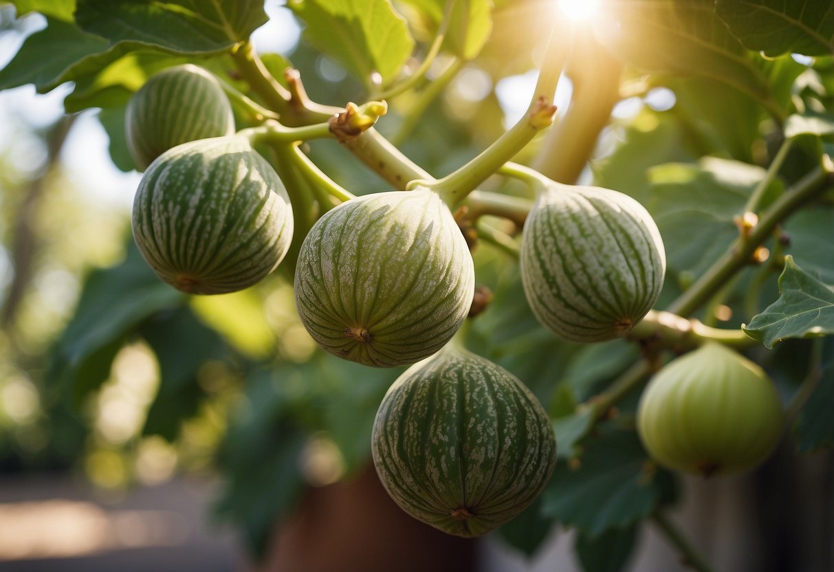 Fig trees grow against sunny walls in a lush garden setting