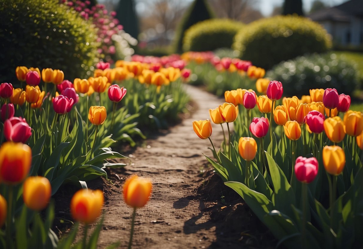 A vibrant tulip pathway winds through a front yard garden, with colorful blooms in full spring bloom