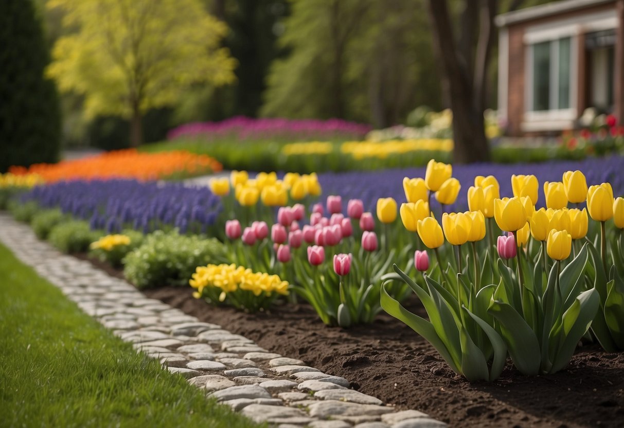 A colorful array of tulips, daffodils, and hyacinths bloom in neat rows in the front yard of Iris Island, surrounded by lush greenery and a charming stone pathway