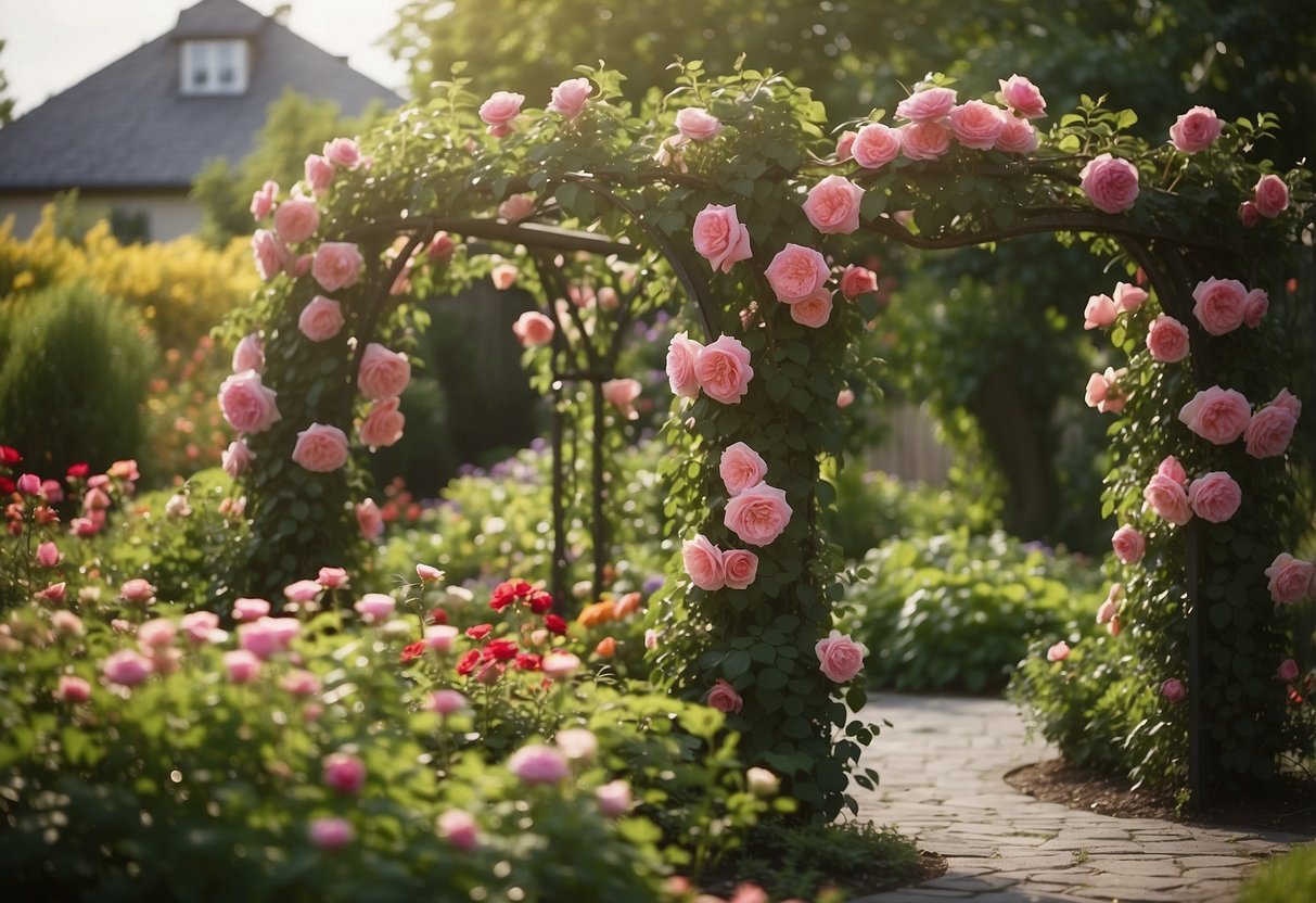 A vibrant rose arbor stands in a front yard surrounded by a lush spring flower garden, with a variety of colorful blooms and green foliage