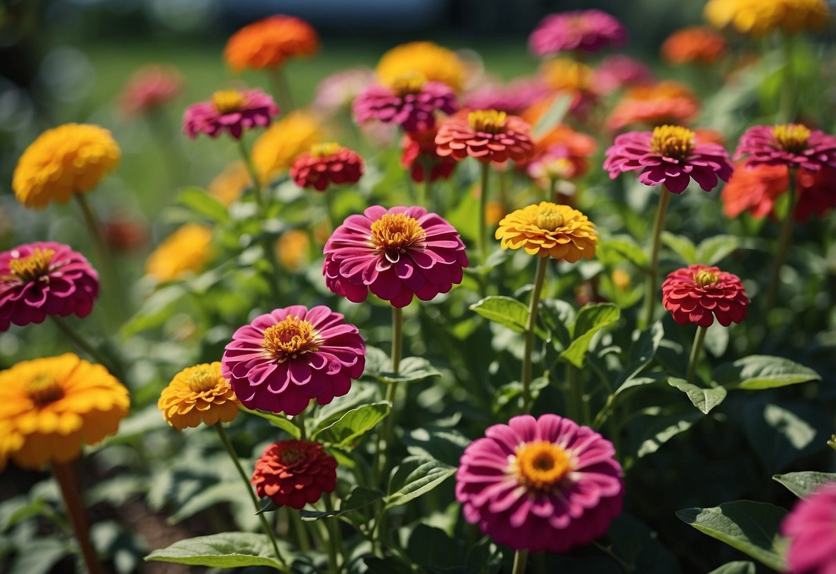 A colorful array of zinnia flowers basking in the sunlight, creating a vibrant and lively front yard garden scene