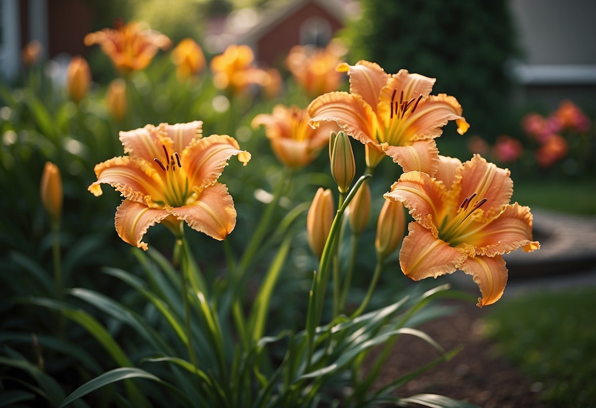 Vibrant daylilies bloom in a sun-drenched front yard garden, creating a striking and colorful display