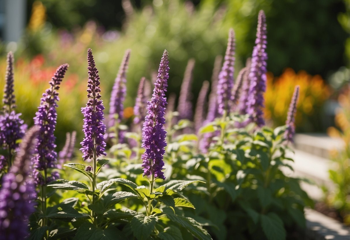 A vibrant front yard garden with towering Agastache plants basking in the sunlight, surrounded by colorful flowers and lush greenery