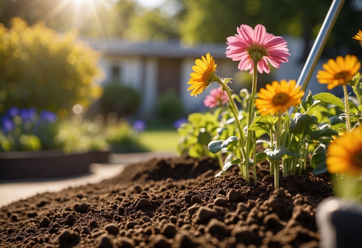 Rich soil turned and raked, ready for planting. Bright sunshine illuminates the front yard garden, surrounded by vibrant flowers and well-maintained greenery