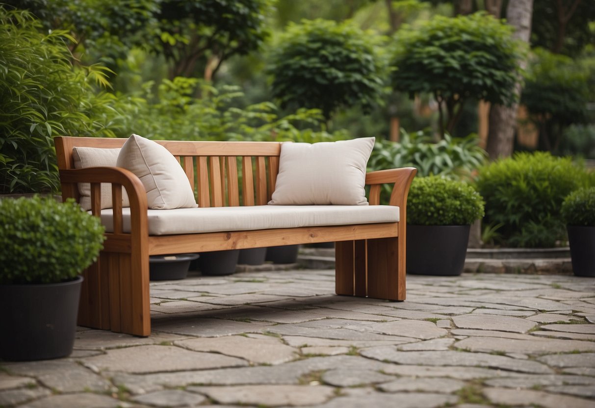 A teak bench with plush cushions sits on a stone patio surrounded by lush greenery, creating a cozy and inviting outdoor seating area