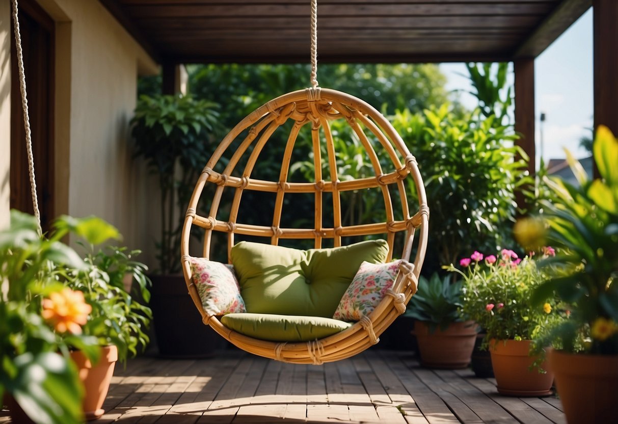 A hanging swing chair suspended from a sturdy frame in a lush green garden patio, surrounded by potted plants and colorful flowers