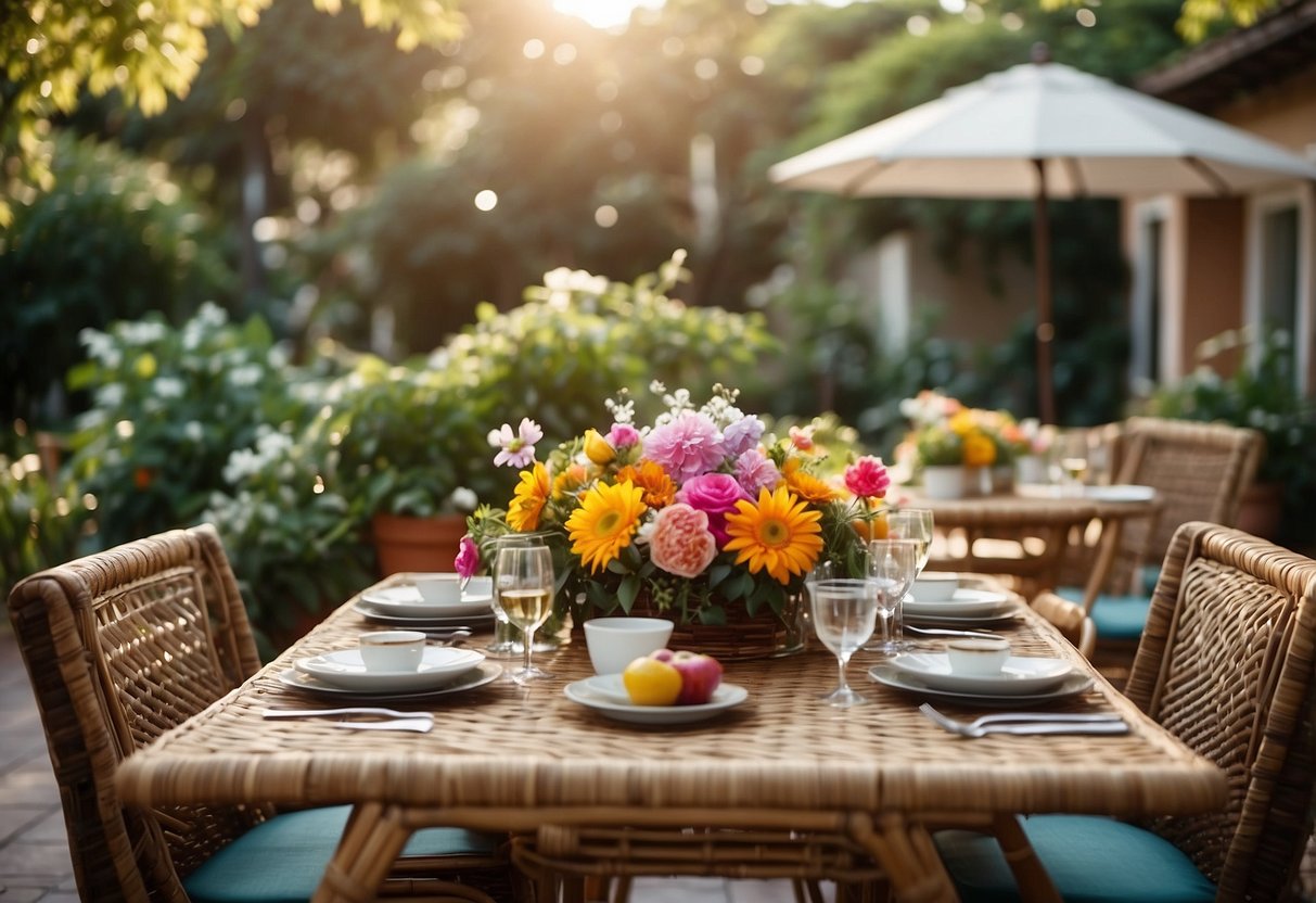 A rattan dining set sits on a patio, surrounded by lush greenery and colorful flowers, creating a cozy and inviting outdoor dining space