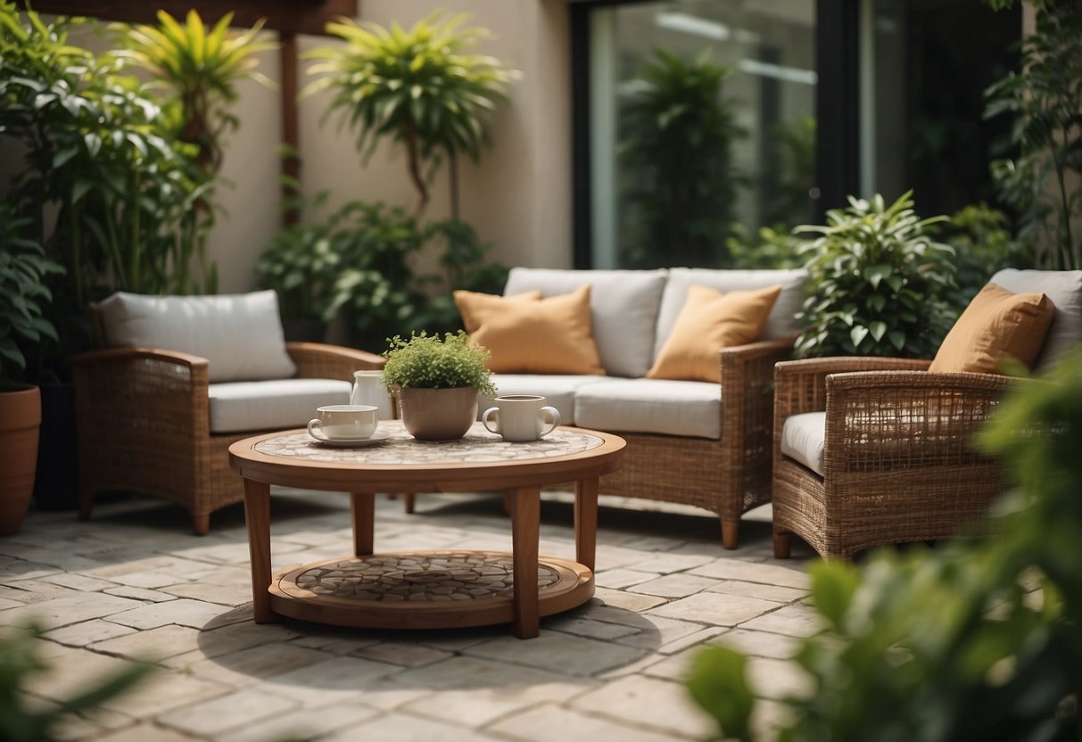 A ceramic tile coffee table sits in a lush patio garden, surrounded by potted plants and cozy outdoor furniture