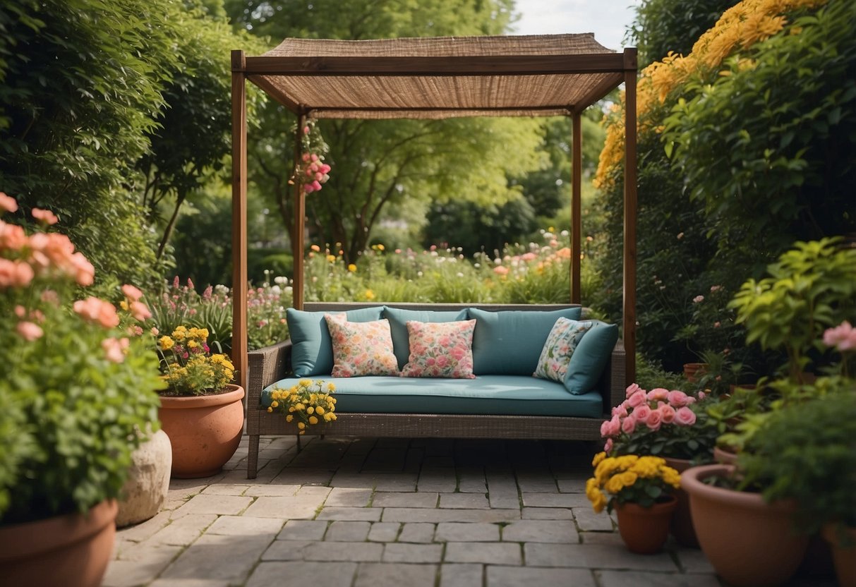 A garden sofa with a canopy sits on a stone patio surrounded by lush greenery and colorful flowers