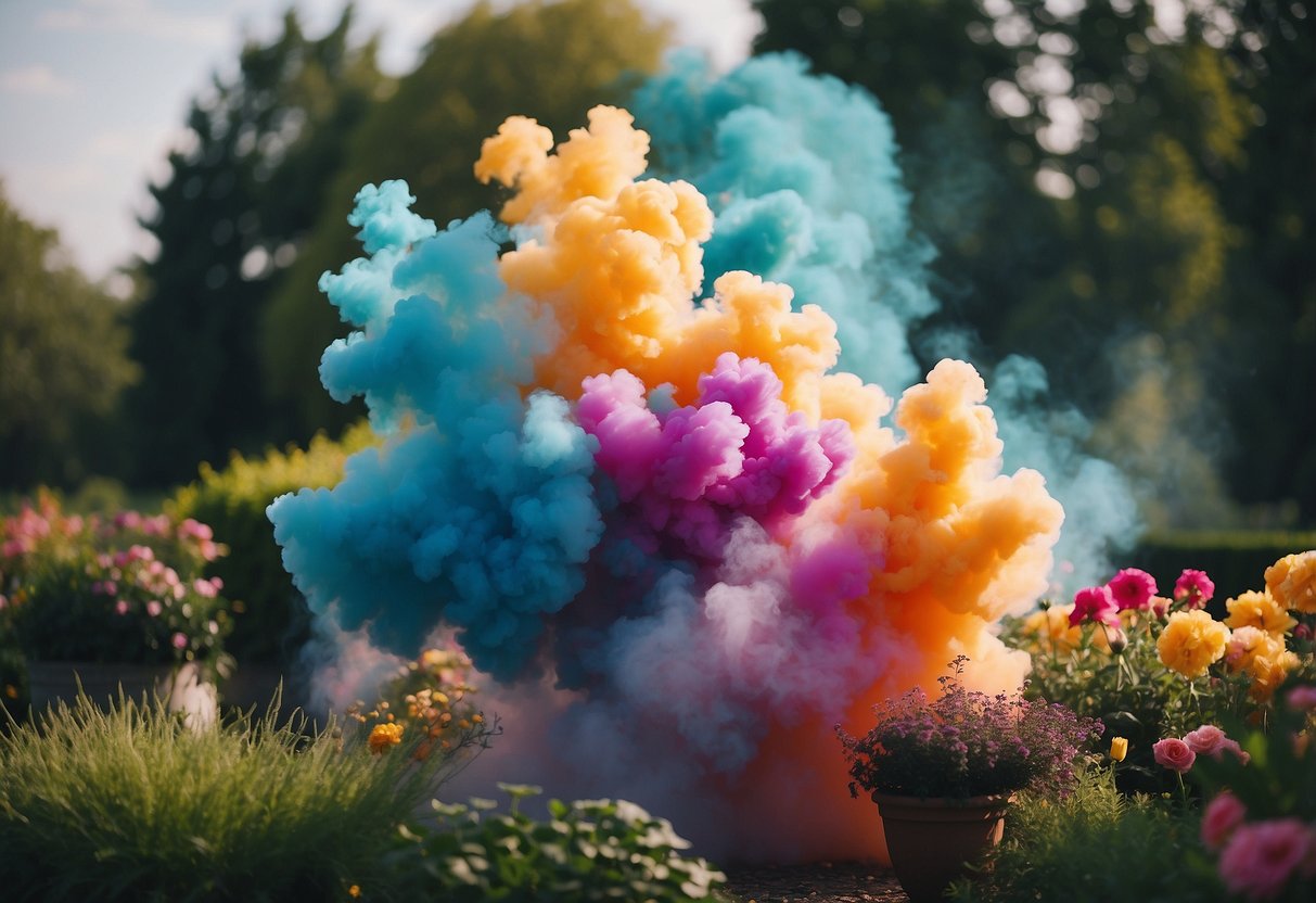 Vibrant smoke bombs burst in a garden, revealing the gender with colorful plumes