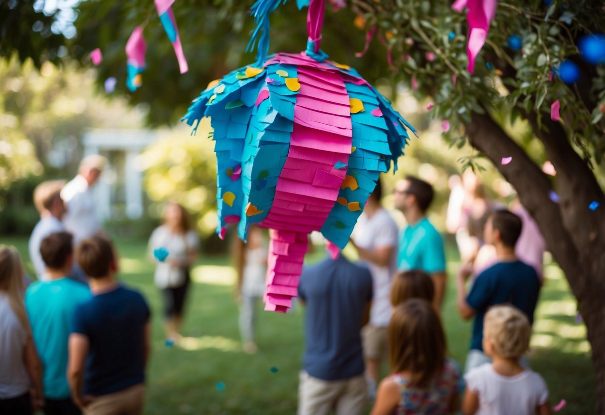 A colorful piñata hangs from a tree in a lush garden, surrounded by excited friends and family. Blue and pink confetti spills out as it's smashed open, revealing the baby's gender