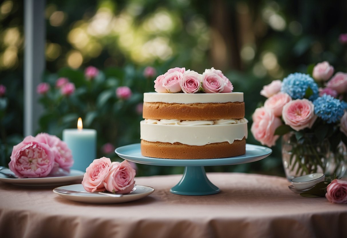 A table with a two-tiered cake in the center, surrounded by a lush floral garden. The cake is cut open, revealing either pink or blue filling