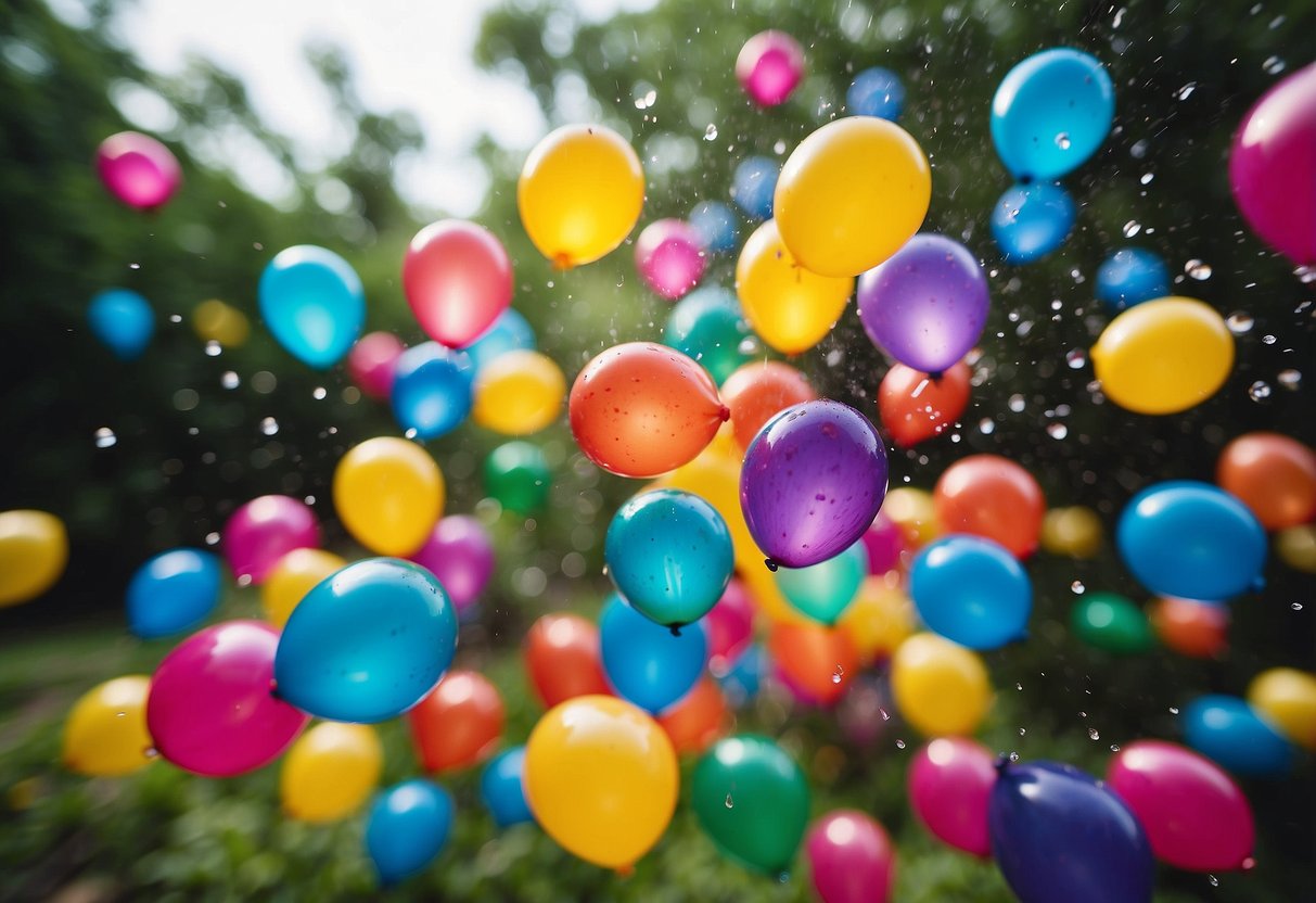 Colorful water balloons fly through the air, bursting in a garden setting. Dye splashes, revealing the gender in a fun and vibrant way