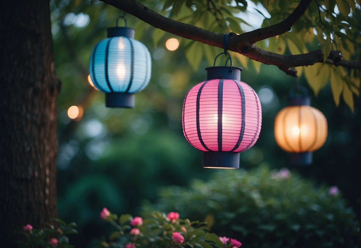 Colorful lanterns hang from trees, illuminating a lush garden. Pink and blue hues create a gender reveal ambiance