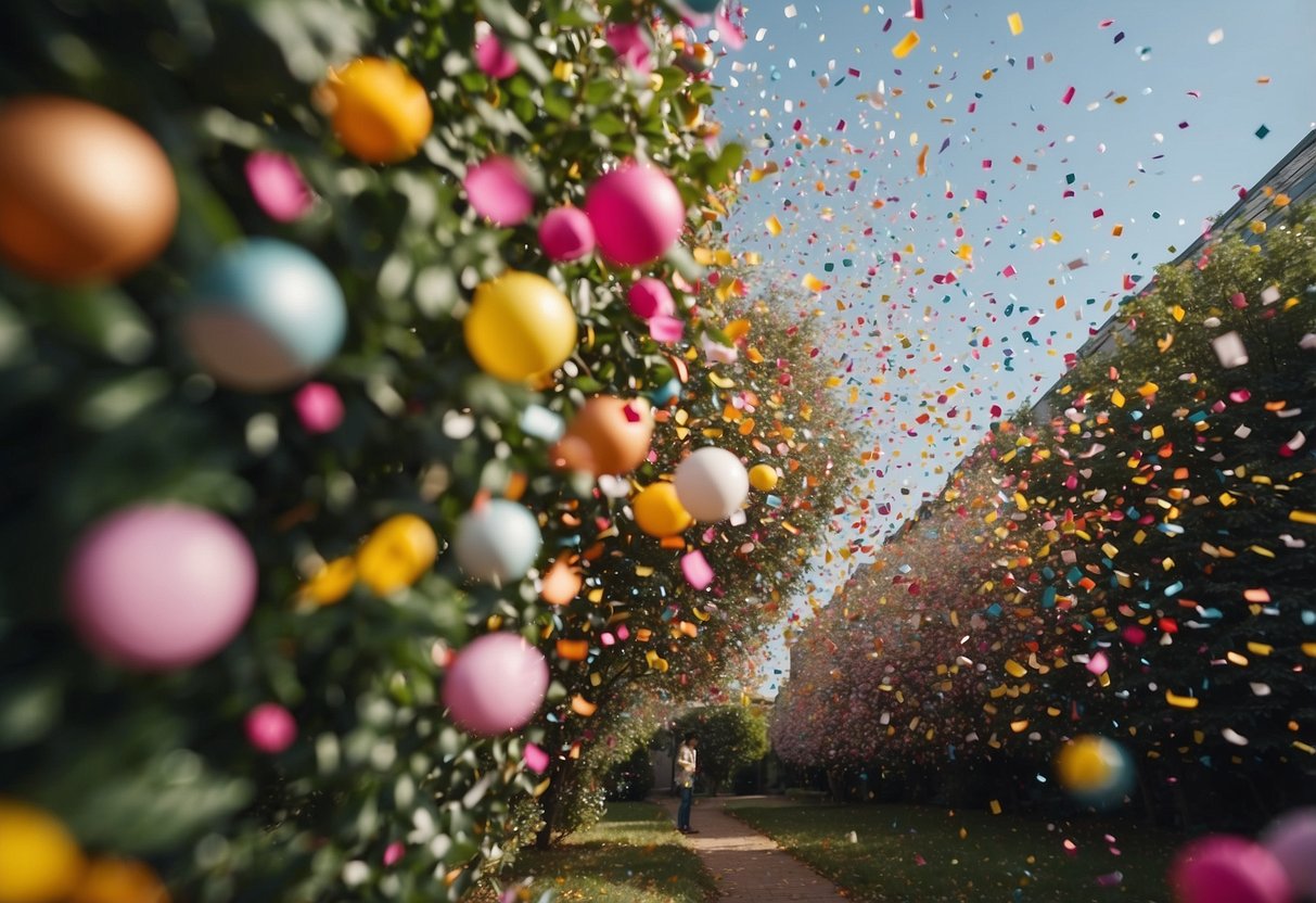 Colorful confetti cannons burst in a vibrant floral garden, revealing the gender of the baby in a joyful and festive celebration