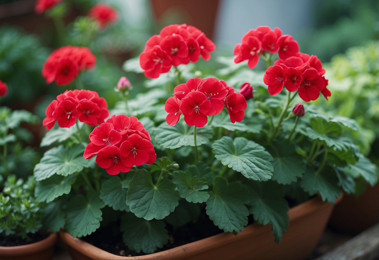 Lush geraniums intermingle with fragrant herbs in a vibrant container garden