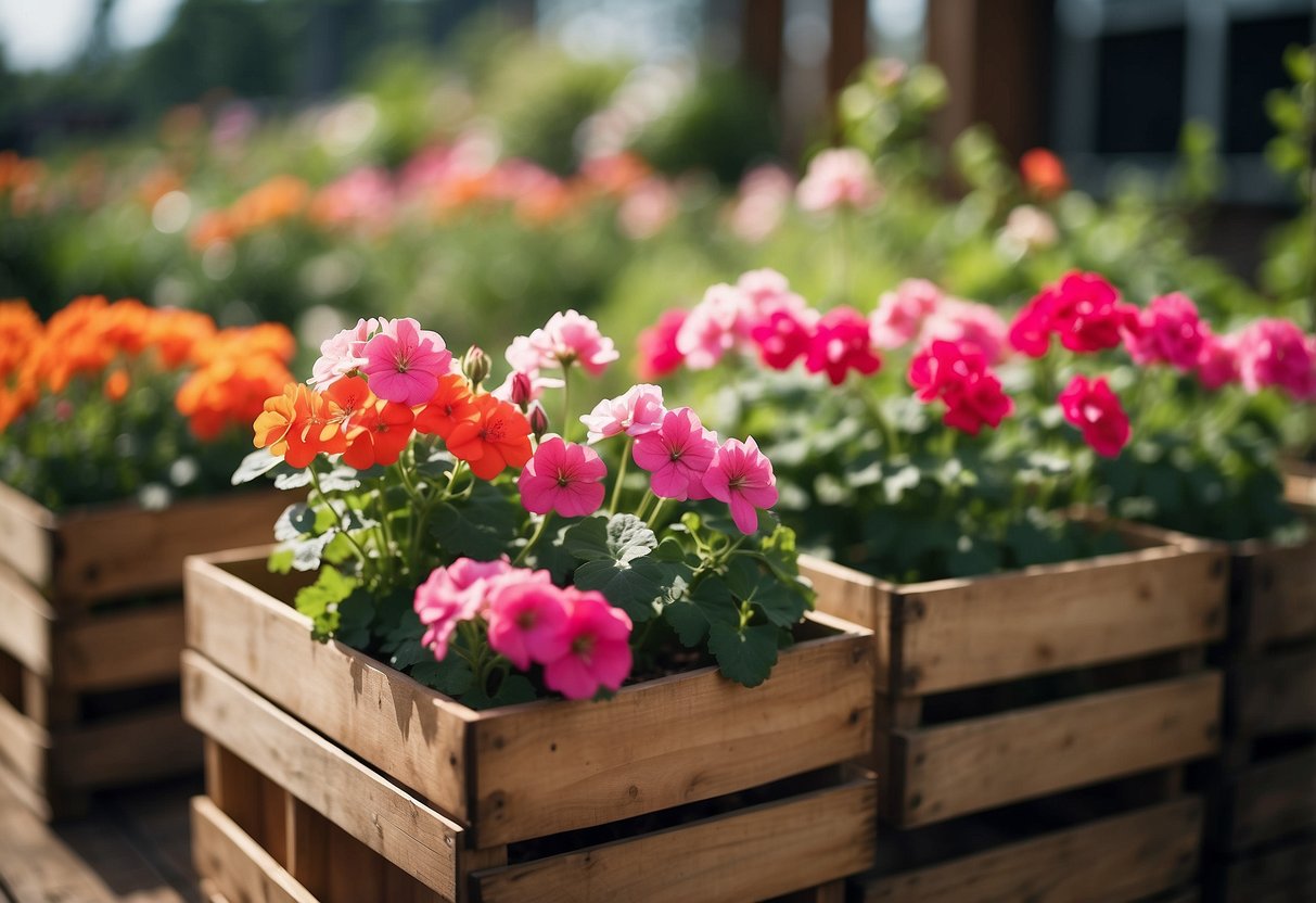 Bright geraniums fill wooden crates, nestled in a charming garden setting