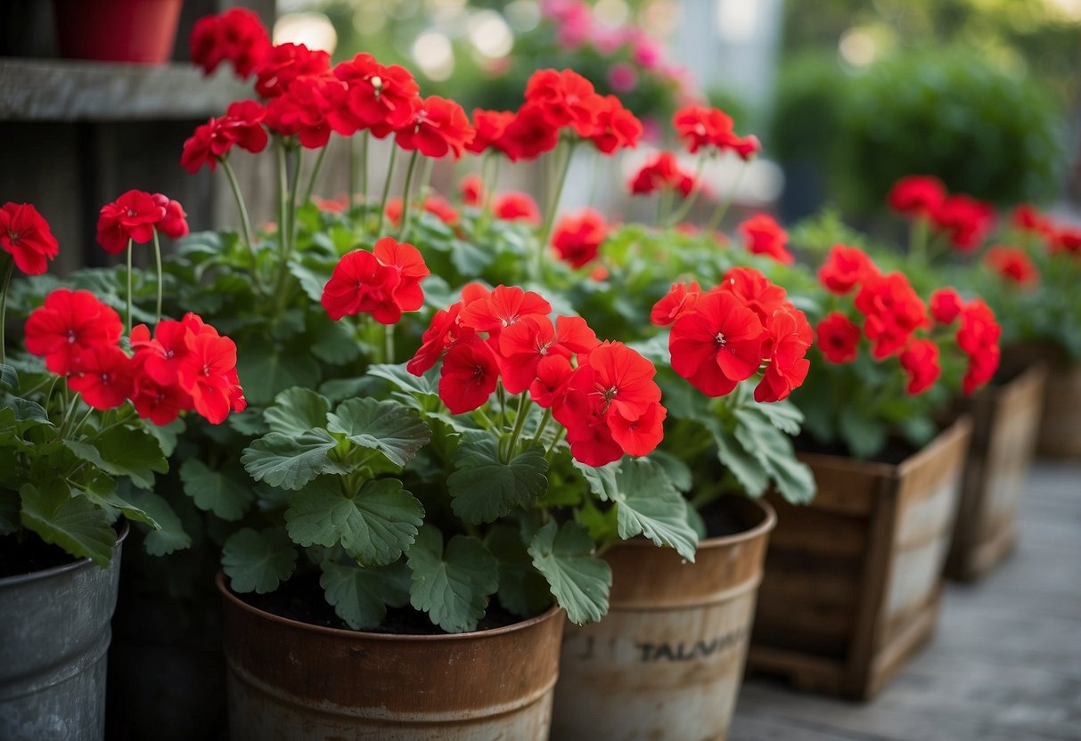 Bright red geraniums bloom in various recycled containers: tin cans, wooden crates, and old buckets. The vibrant flowers create a lively container garden display