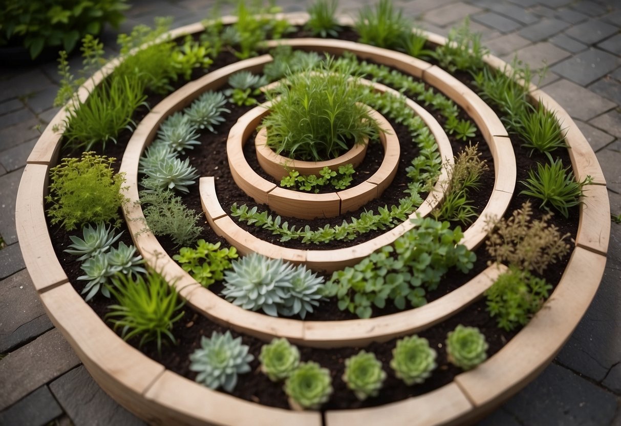 A spiral herb garden with German design, featuring various herbs and plants in a circular pattern, with neatly arranged stone or wooden borders