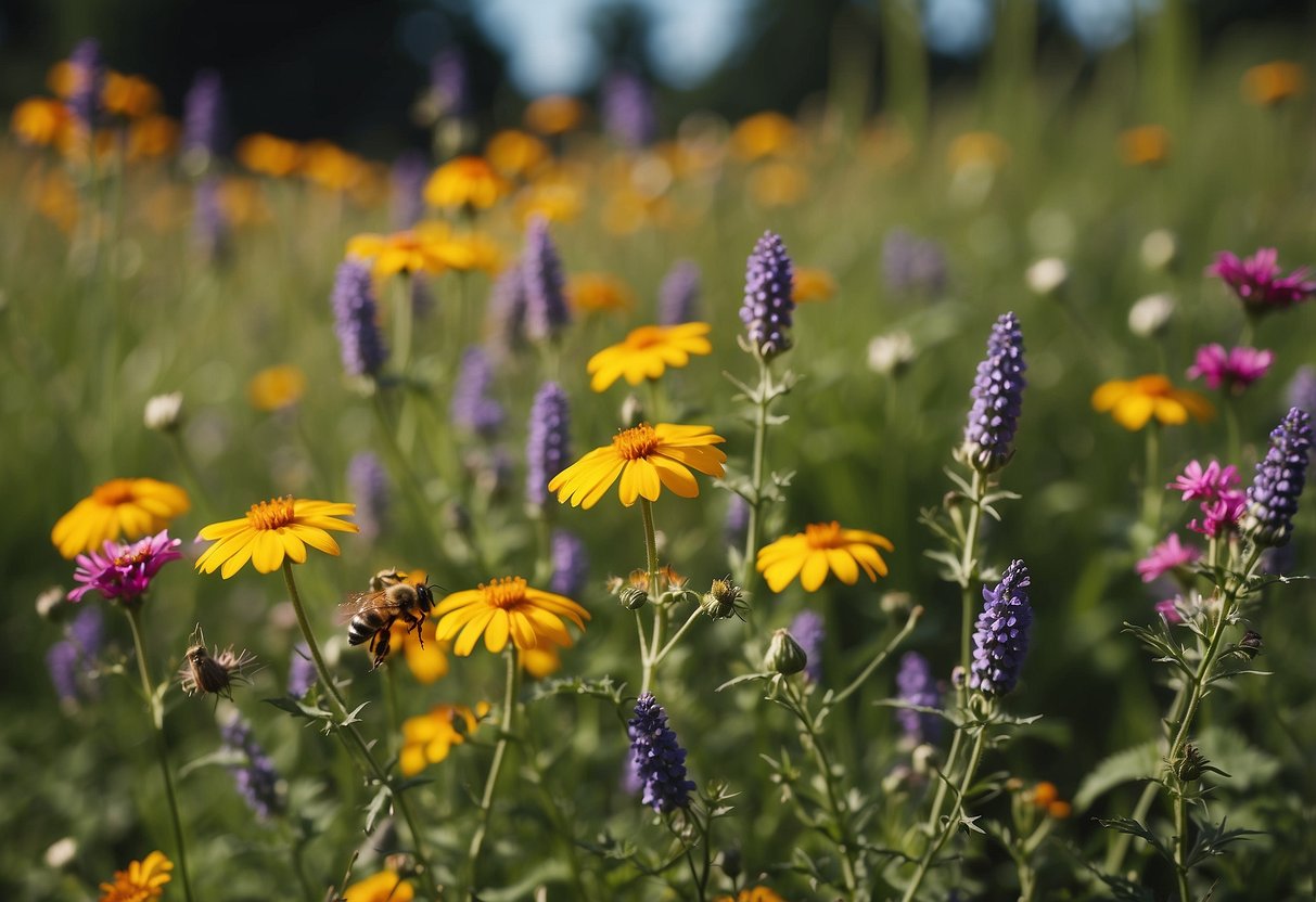 Vibrant wildflowers bloom in a German garden, attracting bees with their colorful petals and sweet nectar