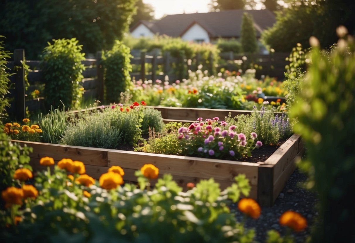 A raised garden bed sits in a German backyard, filled with vibrant flowers and vegetables, surrounded by neatly trimmed hedges and a quaint wooden fence