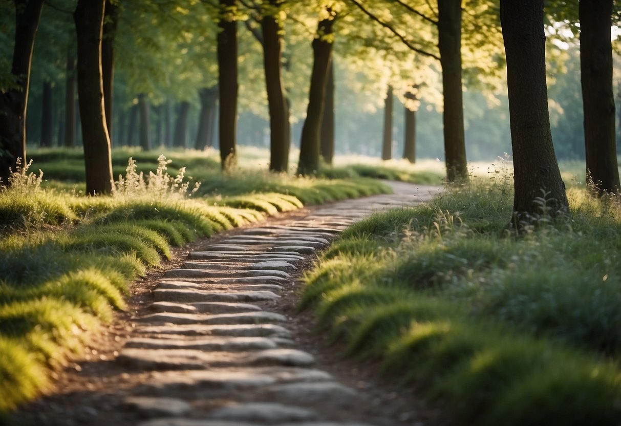 A serene German grove with a stone path winding through the trees, creating a peaceful and inviting atmosphere