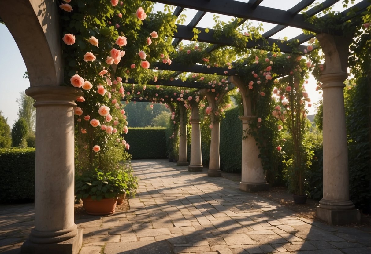 A pergola adorned with climbing roses in a German garden