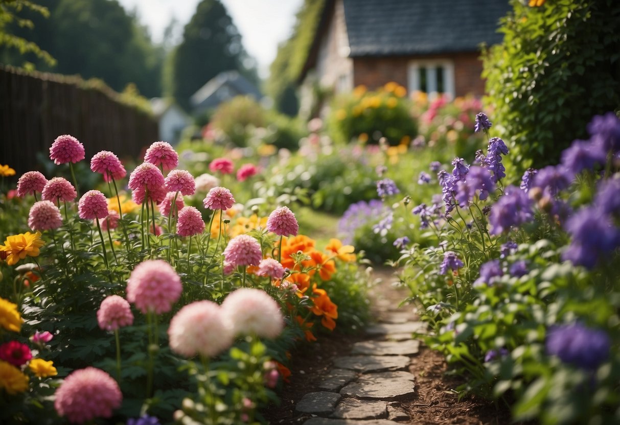 Lush flower beds line the quaint cottage garden, bursting with vibrant colors and fragrant blooms, embodying the charm of German garden design