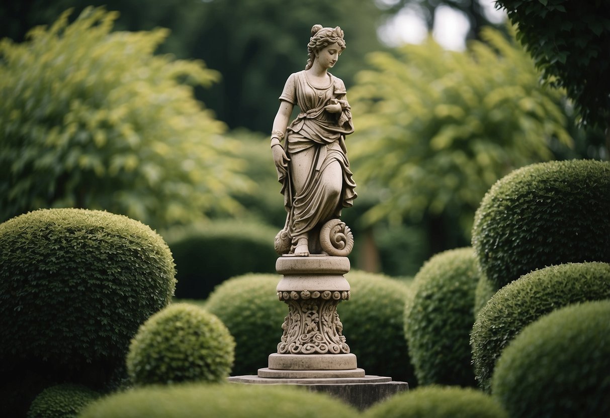 An ornate garden sculpture stands amidst lush greenery, with intricate German-inspired design elements