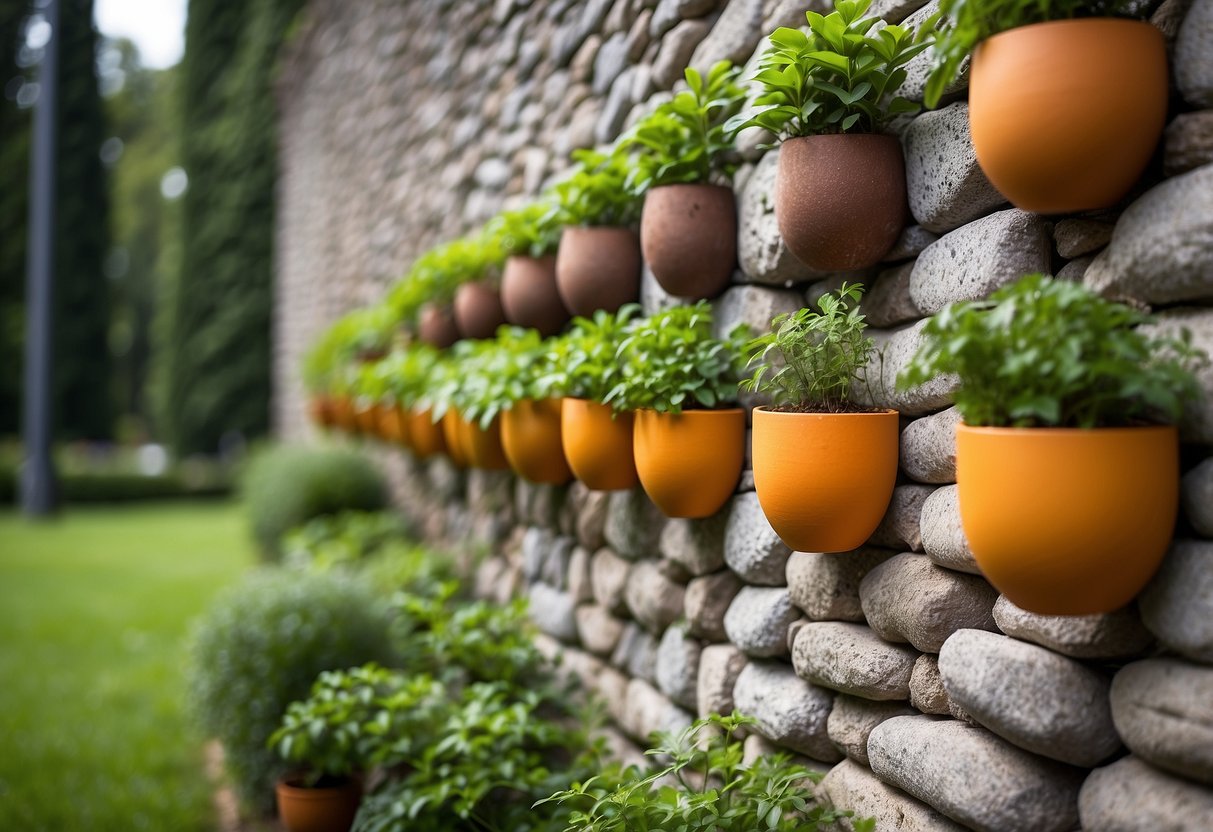 A row of vertical wall planters filled with vibrant greenery, cascading down a rustic stone wall in a German garden