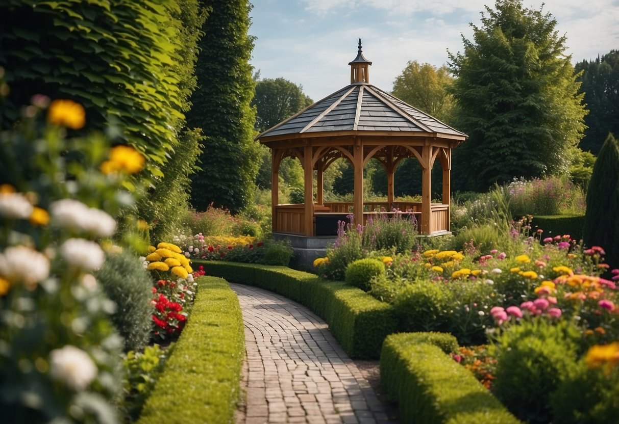 A German garden with neatly trimmed hedges, colorful flower beds, and a charming wooden gazebo surrounded by lush greenery