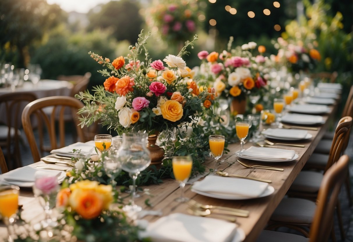 A garden filled with colorful flowers and greenery, with a table set up for a girls' party. Invitations are adorned with floral designs, adding a touch of elegance to the scene