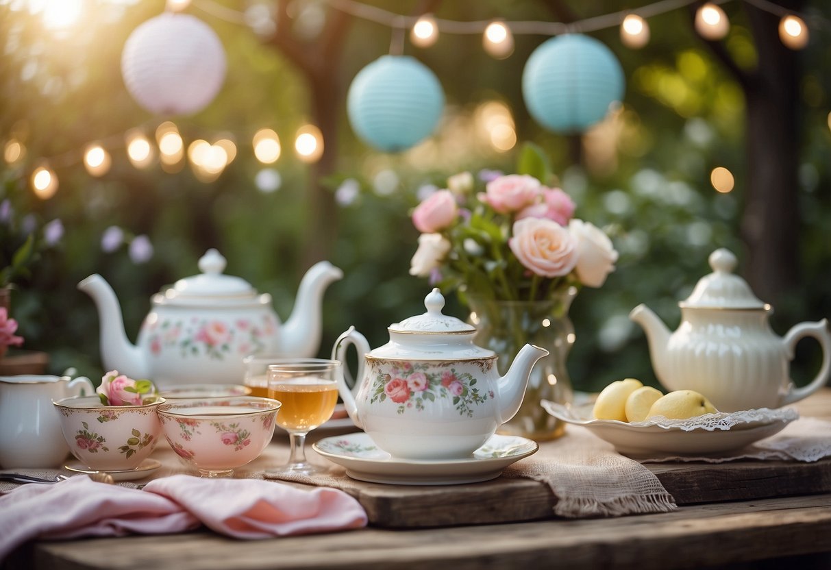 A garden party with pastel outdoor décor: floral tablecloths, hanging lanterns, and a vintage tea set on a rustic wooden table