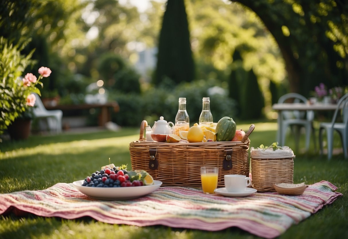 A colorful picnic blanket laid out in a lush garden, surrounded by scattered cushions and small tables set for a girls' garden party