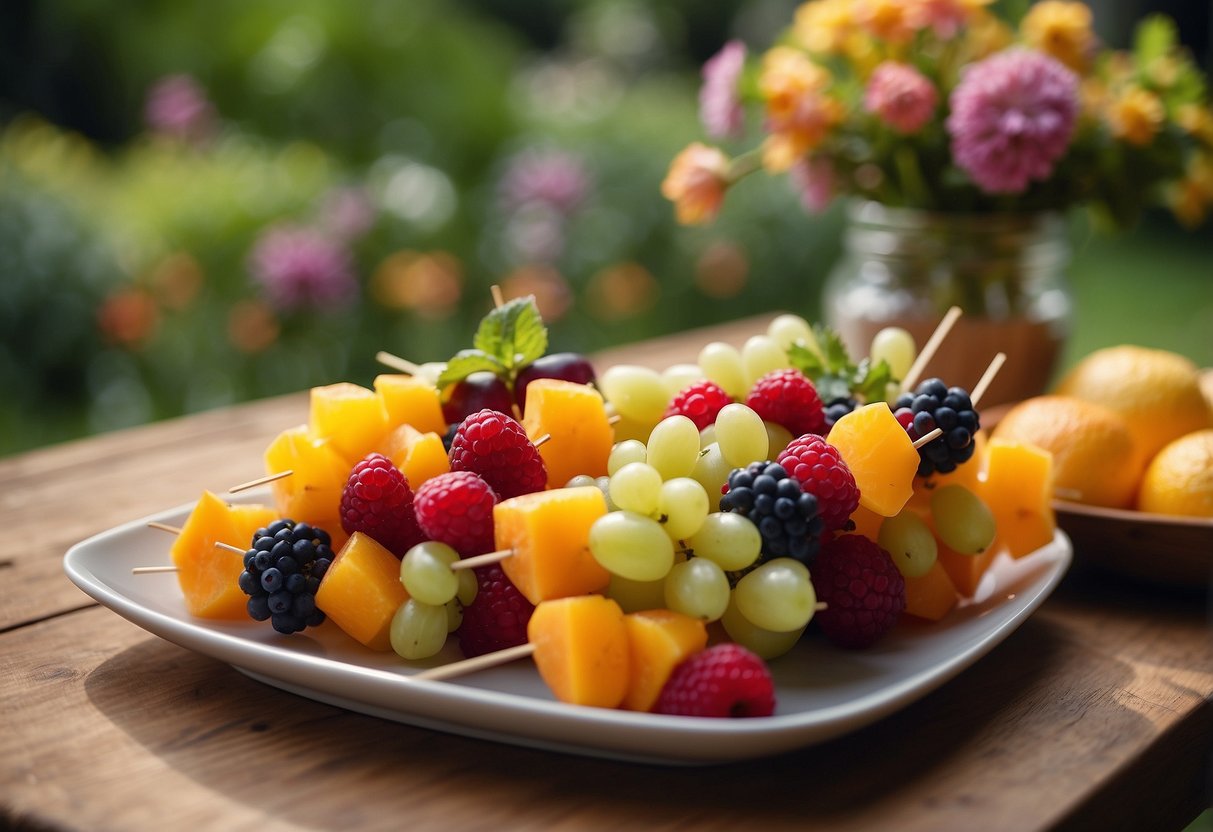 Colorful fruit skewers arranged on a table in a garden setting with flowers and greenery in the background