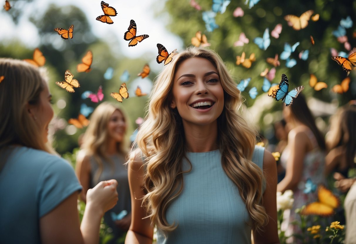 Colorful butterflies fluttering among blooming flowers in a lush garden, surrounded by excited girls at a party