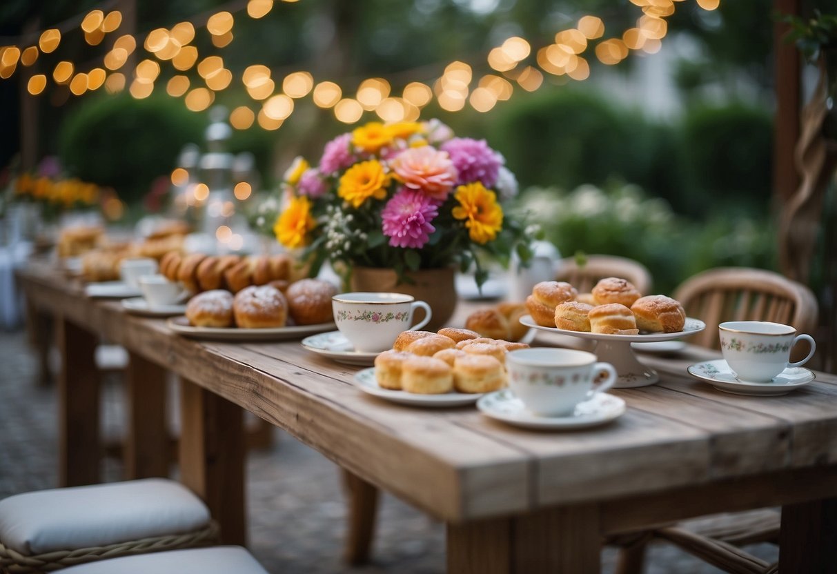 A lush garden with colorful flowers, string lights, and elegant tables set with tea cups and pastries. Laughter and music fill the air as girls in pretty dresses mingle and enjoy the festivities