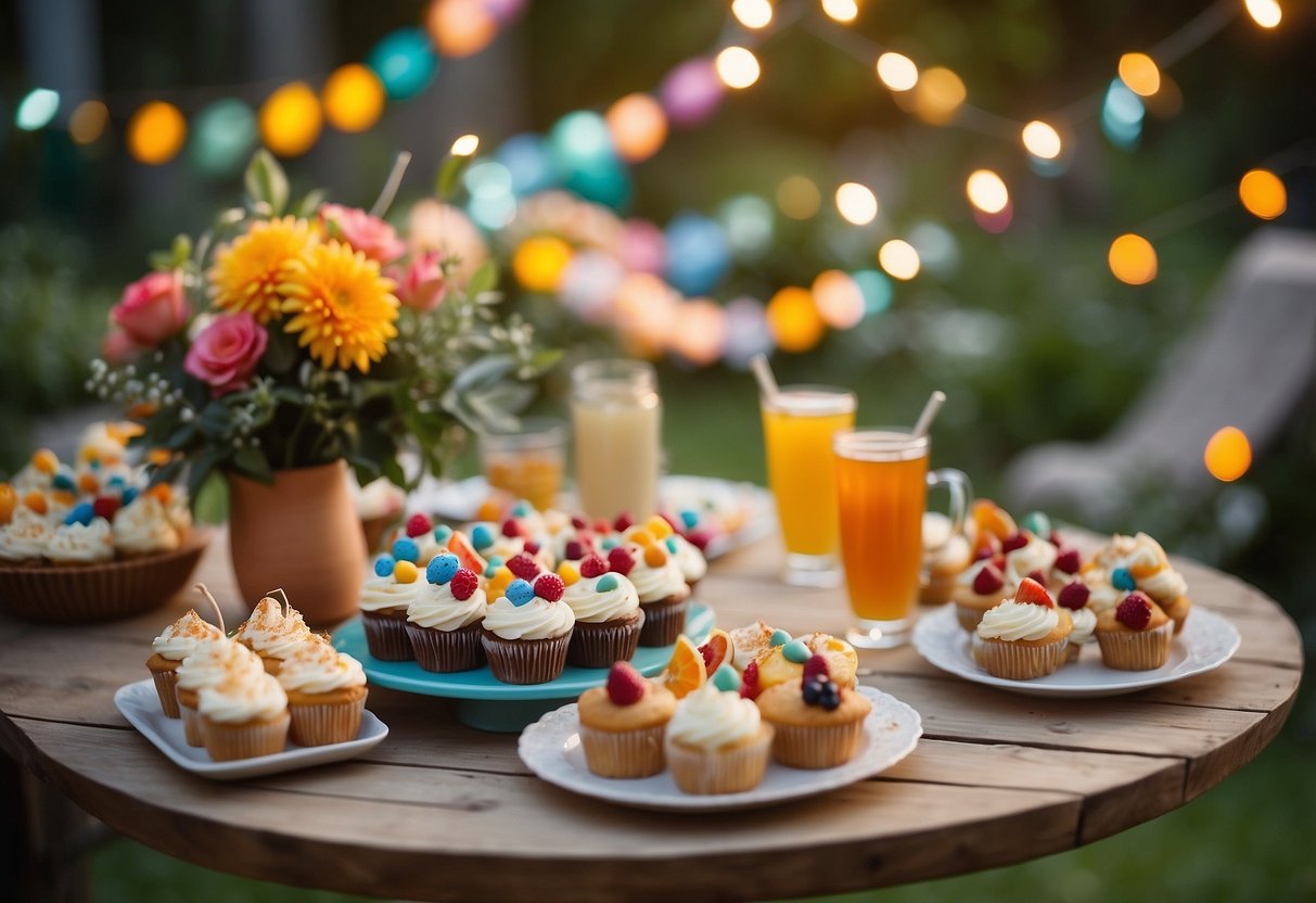 A table set with colorful cupcakes, fruit skewers, and iced tea. Flower arrangements and fairy lights decorate the garden