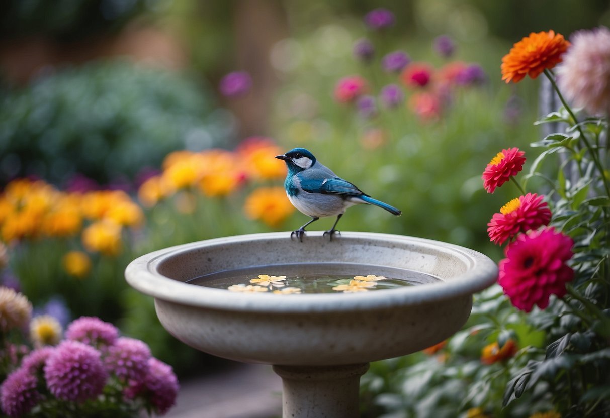 A vintage bird bath surrounded by colorful flowers and whimsical garden decor